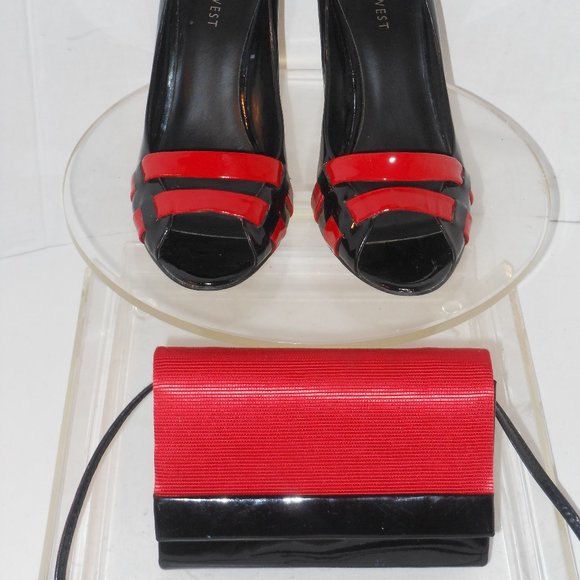 NINE WEST BLACK AND RED LEATHER OPEN TOE PUMPS SIZ - Picture 4 of 5